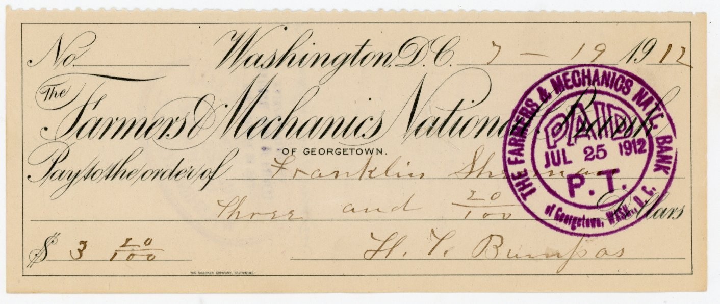 1912 Farmers & Mechanics National Bank Georgetown signed Check Mrs G.A. Bane