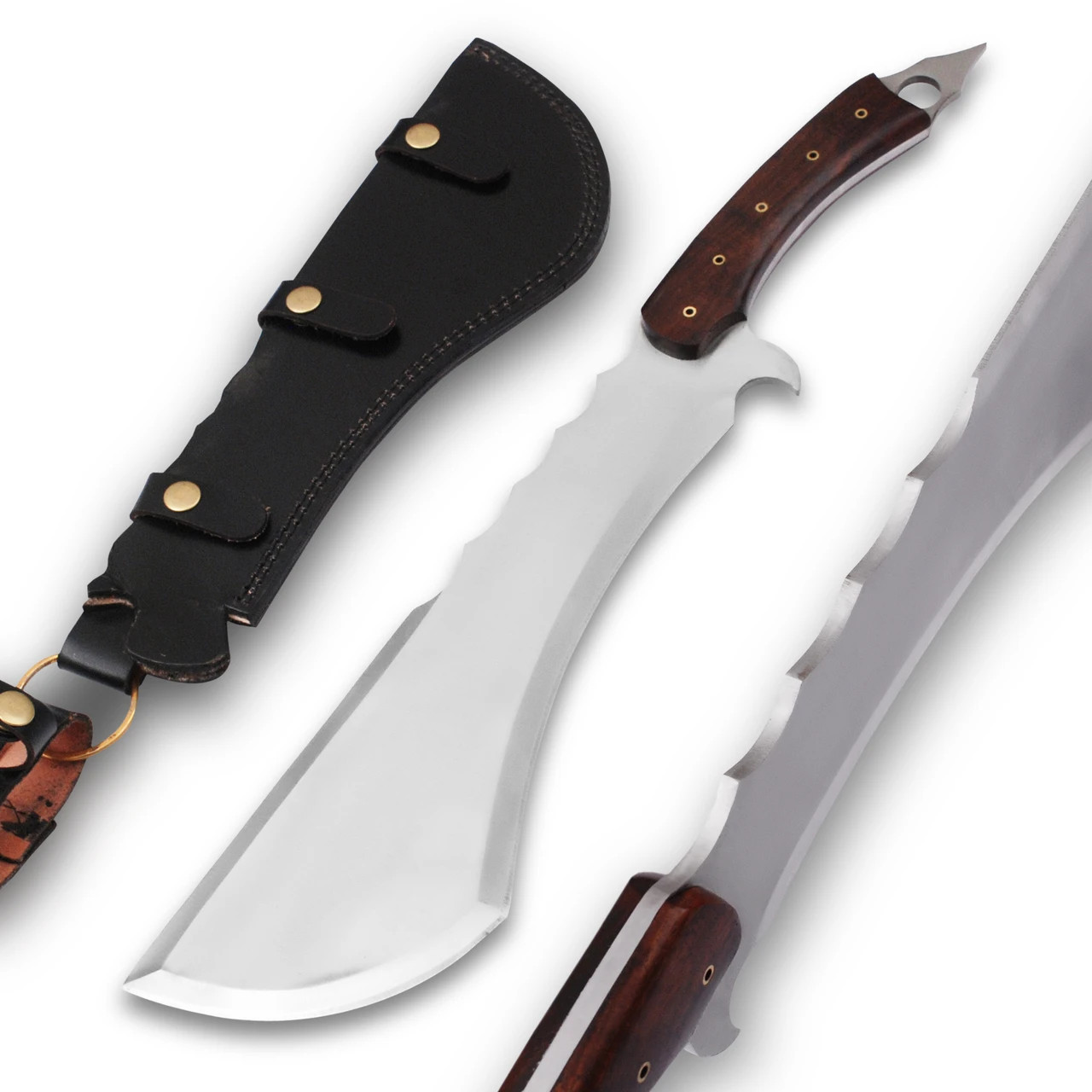 Functional J2 Steel Hunting Machete Full Tang Rosewood Handle w/ Leather Sheath