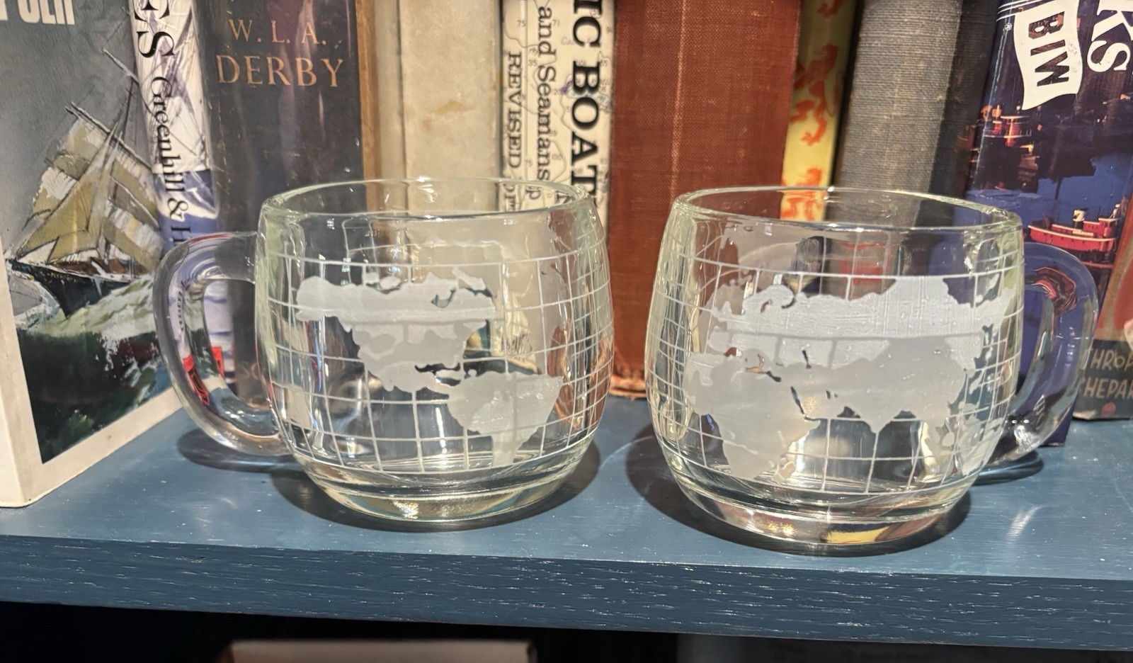 Nestle Etched Clear Glass World Globe Map Coffee Tea Mugs (2)