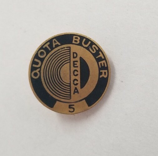 Rare HTF Vintage Decca Records Quota Buster Pin Screw Back Year 5