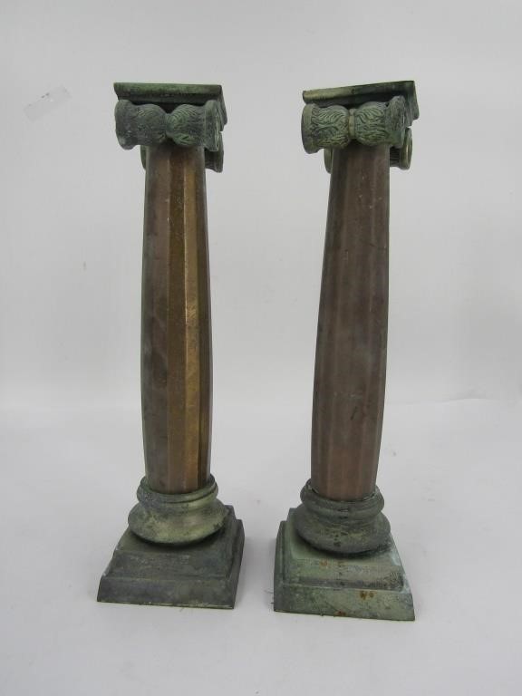 Vintage Pair Of Tall Solid Brass/Iron Moderniste Style Column Candle Holders 