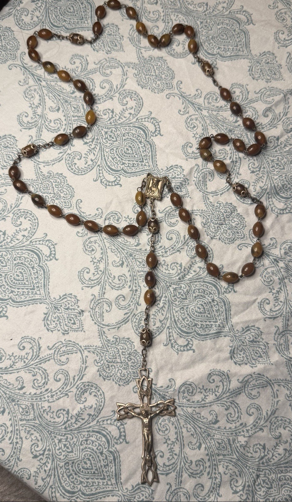 Vintage Catholic Rosary Wood Beads Ornate Openwork Trellis Crucifix Sacred Heart