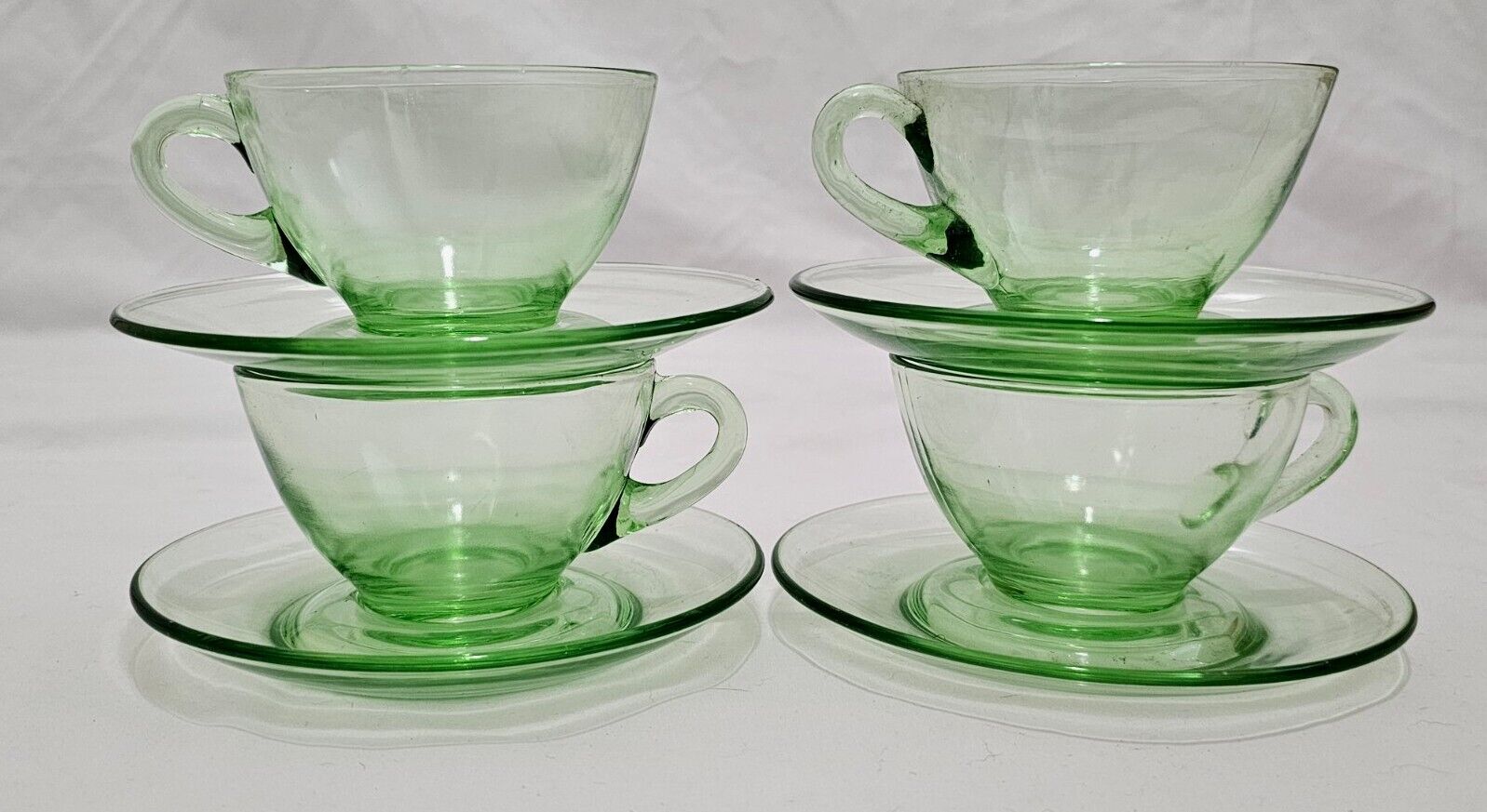 1930’s Depression Glass Pioneer Light Green Fostoria Teacup Saucer - Set of 4