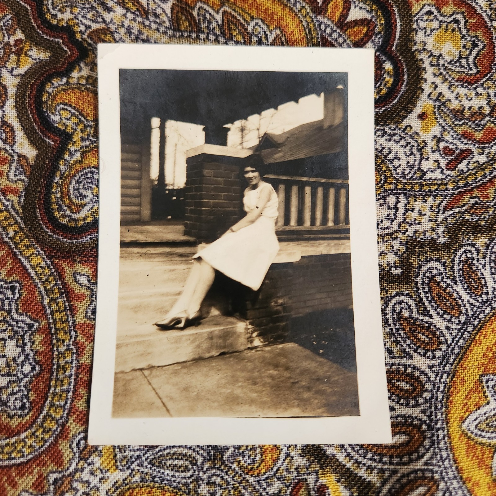 VTG B&W Snapshot Photo 1930s Beautiful Woman Posed Front Steps House Porch Heels