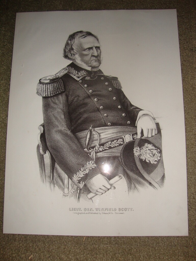Black & White Civil War Portrait Lithograph Print C.1864: Lieut. Gen. Scott