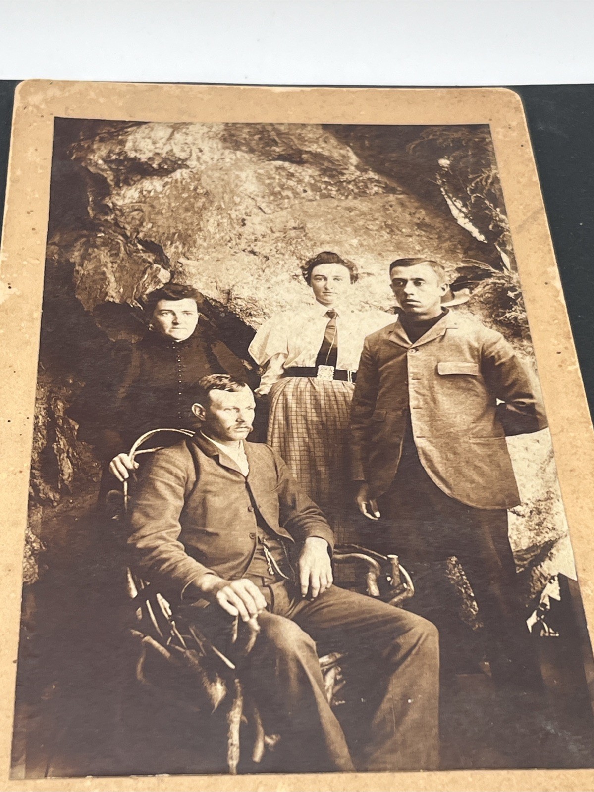 1895 Odd Antique Photograph IDENTIFIED Family Portrait Photo In Cave Men & Woman