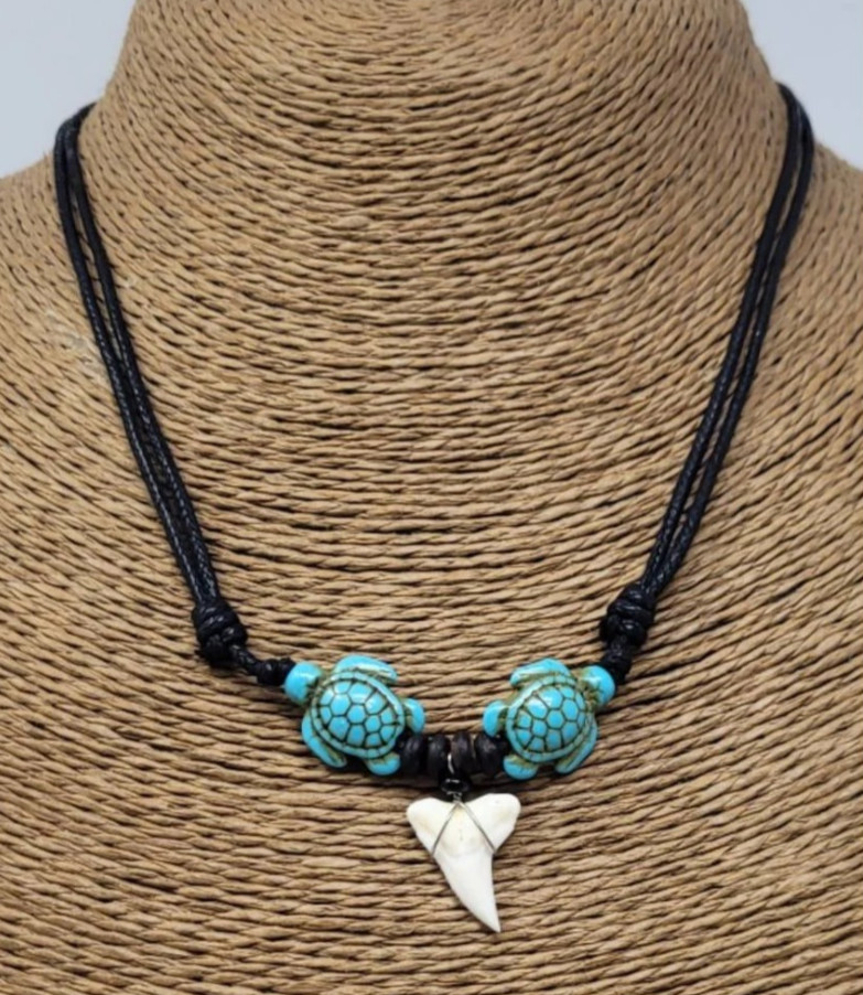 Fossil Shark Tooth Necklace with Turtle Beads – Handmade Surfer Pendant – Hawaii Fossil Shark Tooth Necklace with Turtle Beads – Handmade Surfer Pendant – Hawaii