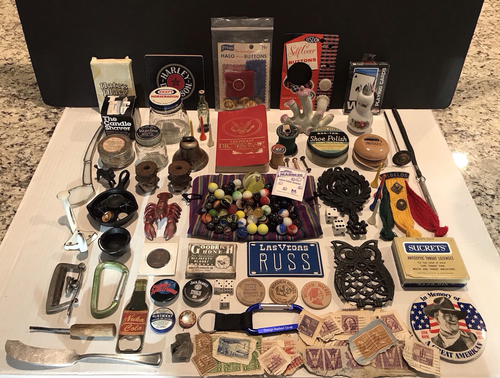 VTG Junk Drawer Lot ~ Marbles/Tins/Scout/Stamps/Dice/Pins/Cast Iron ~ 200+ Items