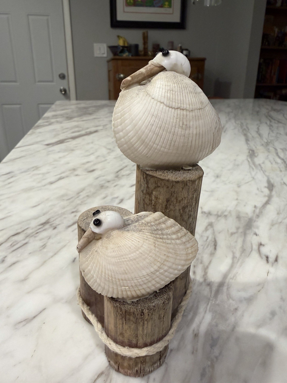 Vtg Pair Handcrafted Seagulls, Made from Seashells, sitting on Dock Wood Posts