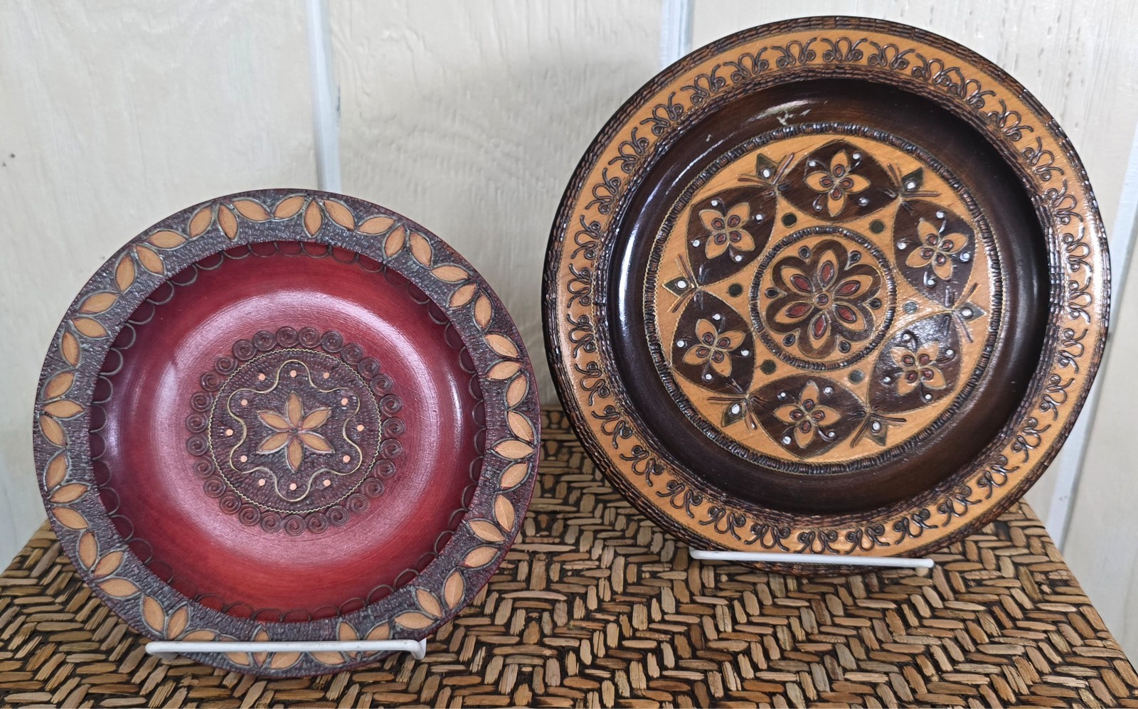 Vintage Polish Hand Carved Wooden Plates 1979