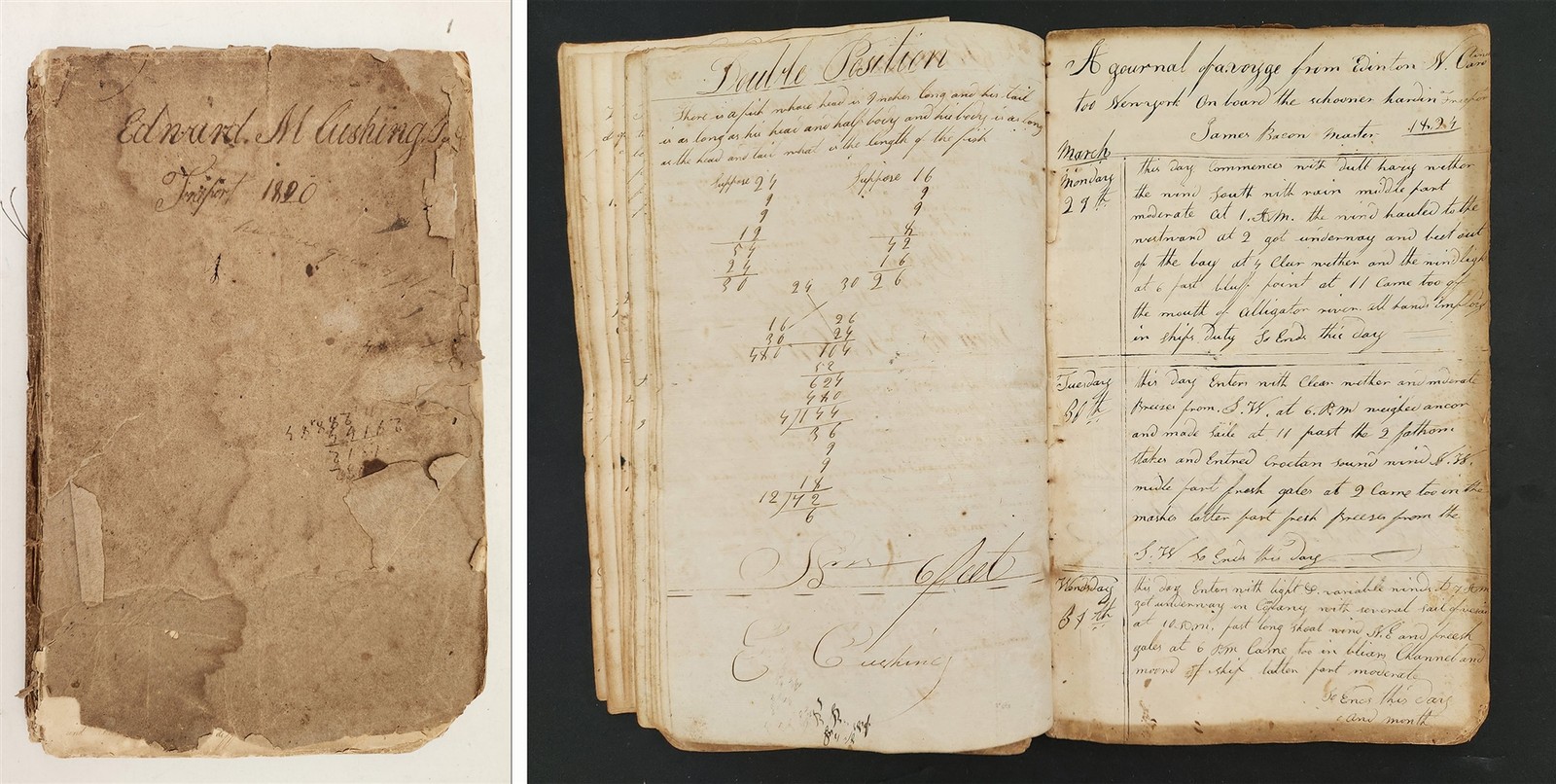 1820s antique CUSHING freeport me CYPHER BOOK & MARITIME LOGBOOK merchant math