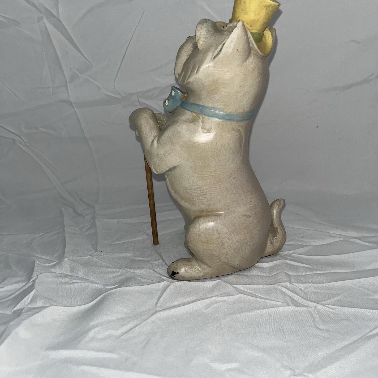 Vintage Frenchie Figurine Wearing Top Hat Holding A Cane With Blue Bow Tie 
