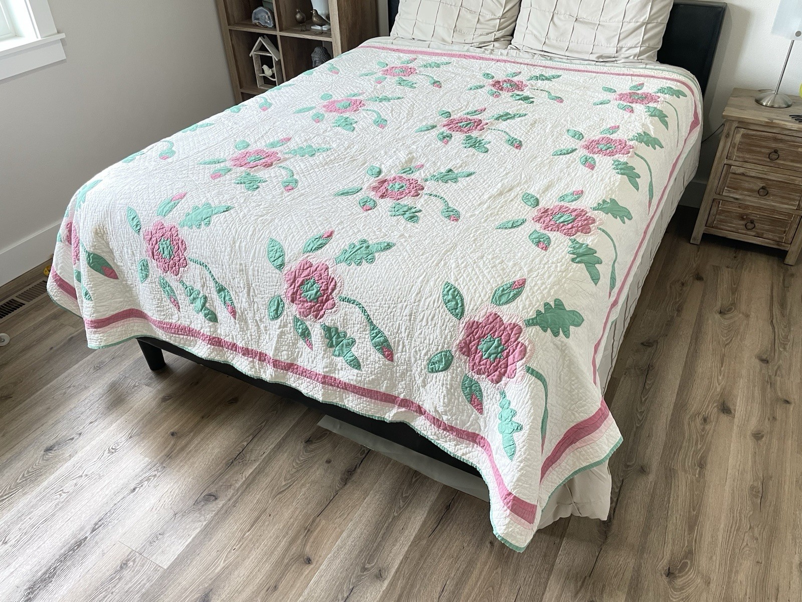 Vintage Pink Green Rose Applique Quilt Hand Quilted Floral Cottage As Is