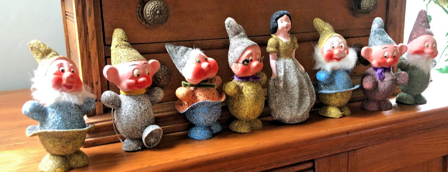 Vintage 1930/40s Putz Mica Snow White And The 7 Dwarfs Candy Containers Germany