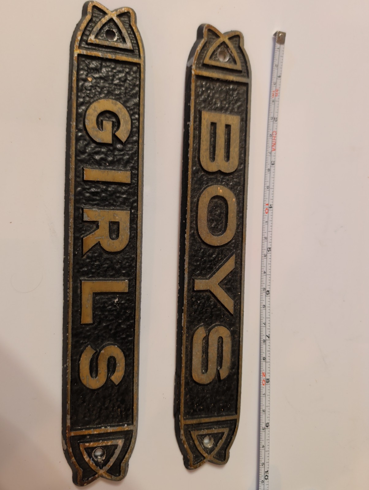 Vintage BOYS GIRLS Vertical Metal School Restroom Signs Plaques Matching Pair