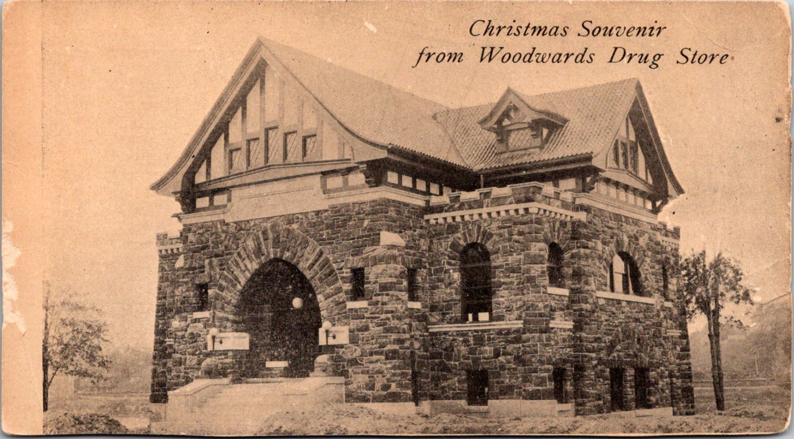 Postcard Carnegie Library, Defiance, Ohio - Woodwards Drug Store - Christmas