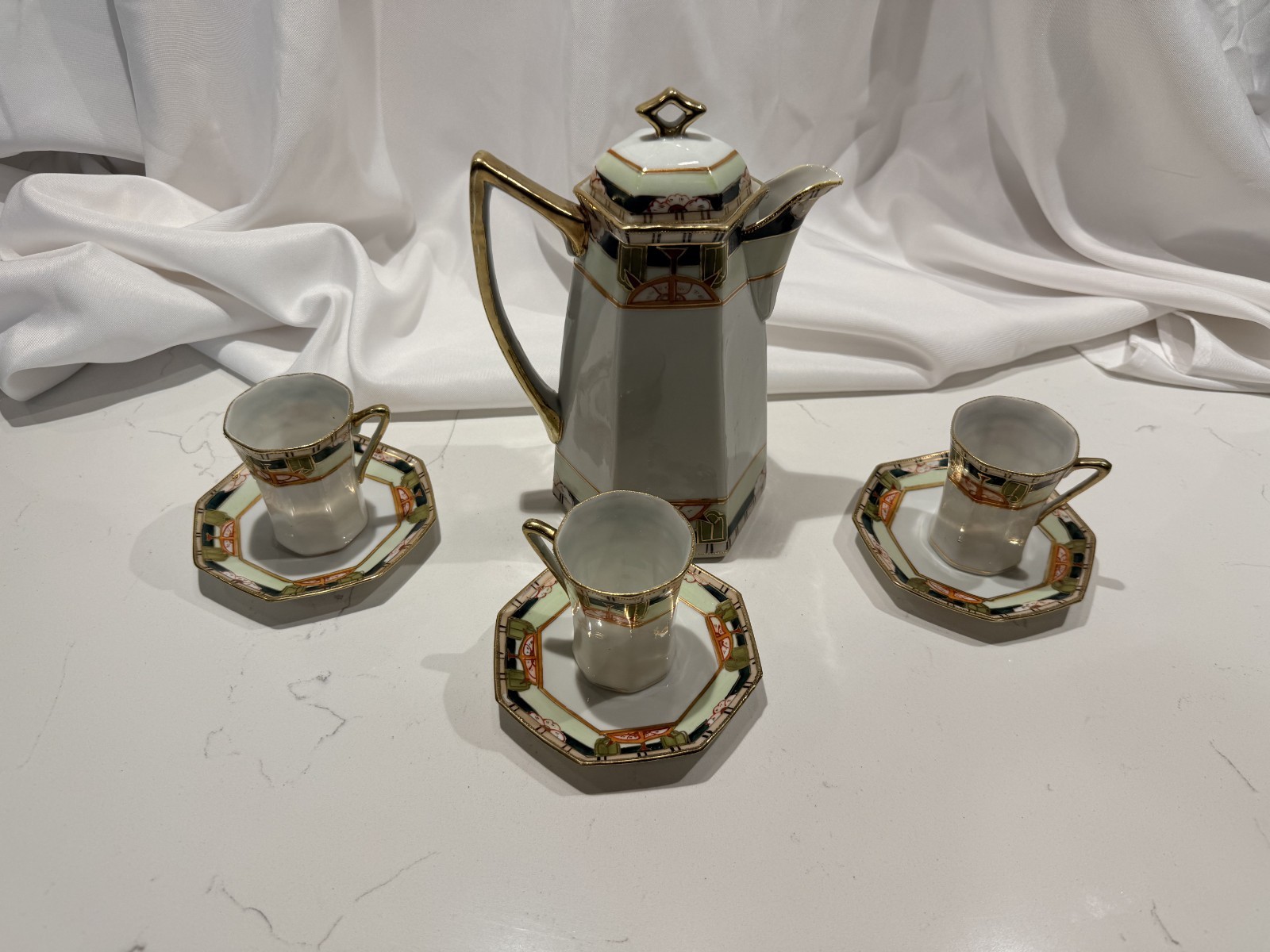 Antique Hand Painted Nippon Chocolate Set Pot 3 Cups Saucers Geometric Gold