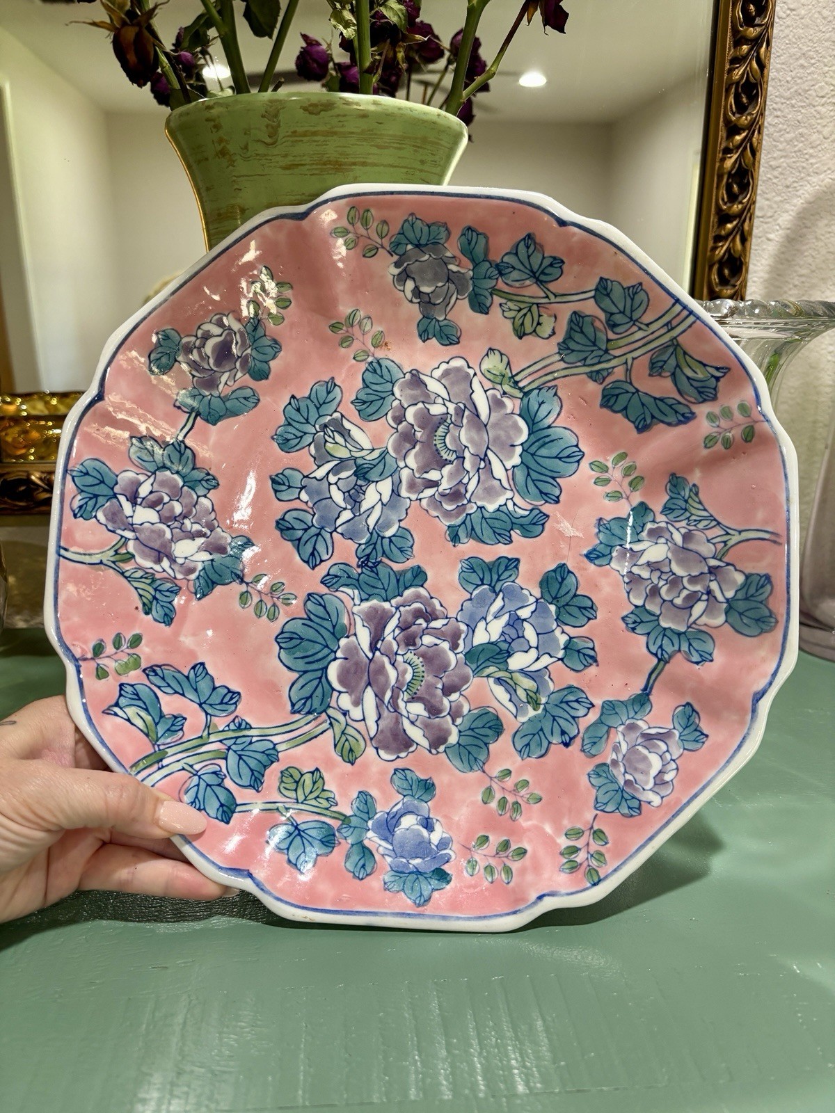 Vintage Chinese Hand-painted Porcelain Plate with Floral Design 12 In Wide