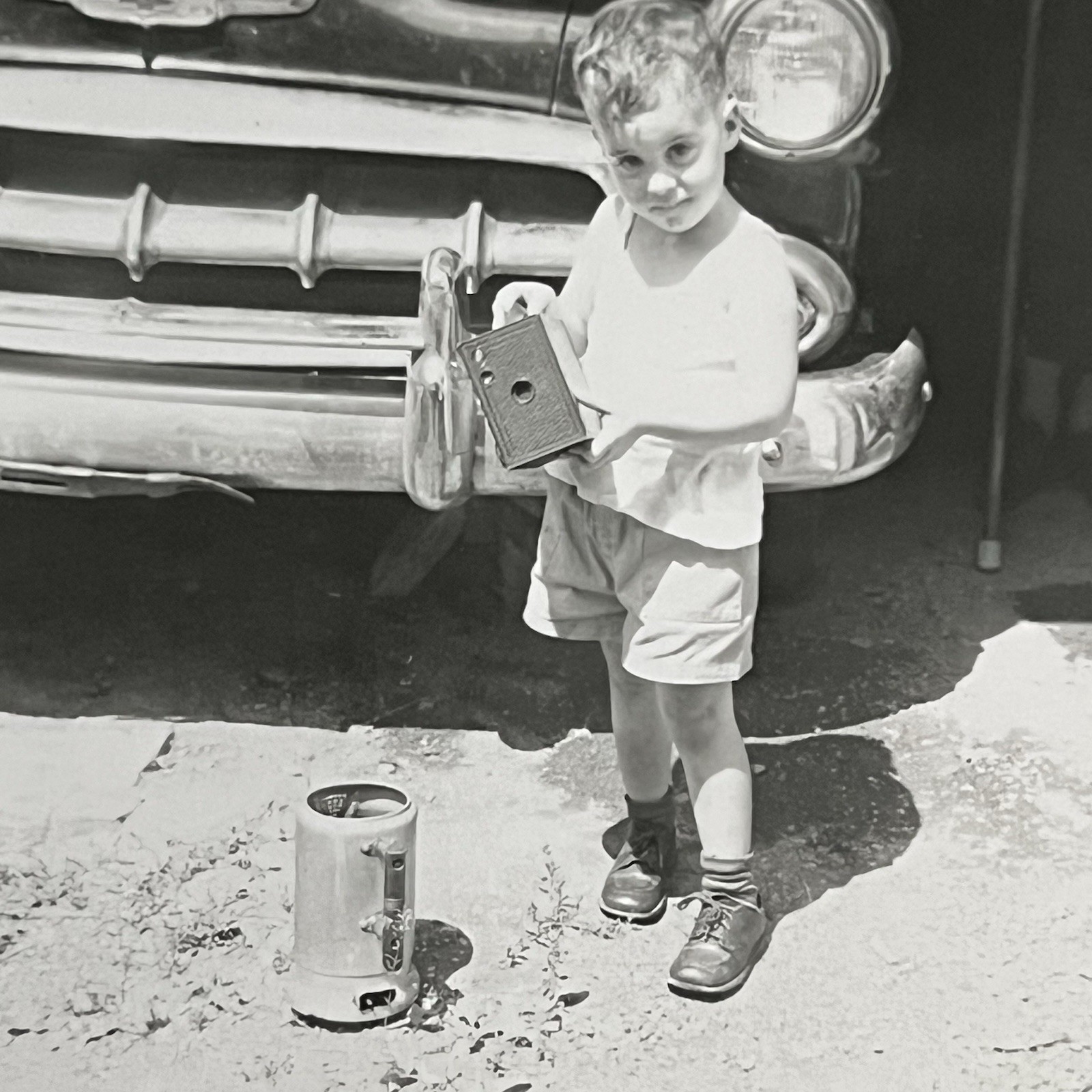 Vintage B&W Snapshot Photograph Adorable Boy Kodak Brownie Camera No 2 Car
