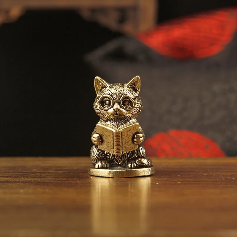 1pc Vintage Brass Cat Figurine Wearing Glasses Reading Cat Desk Decor Gift