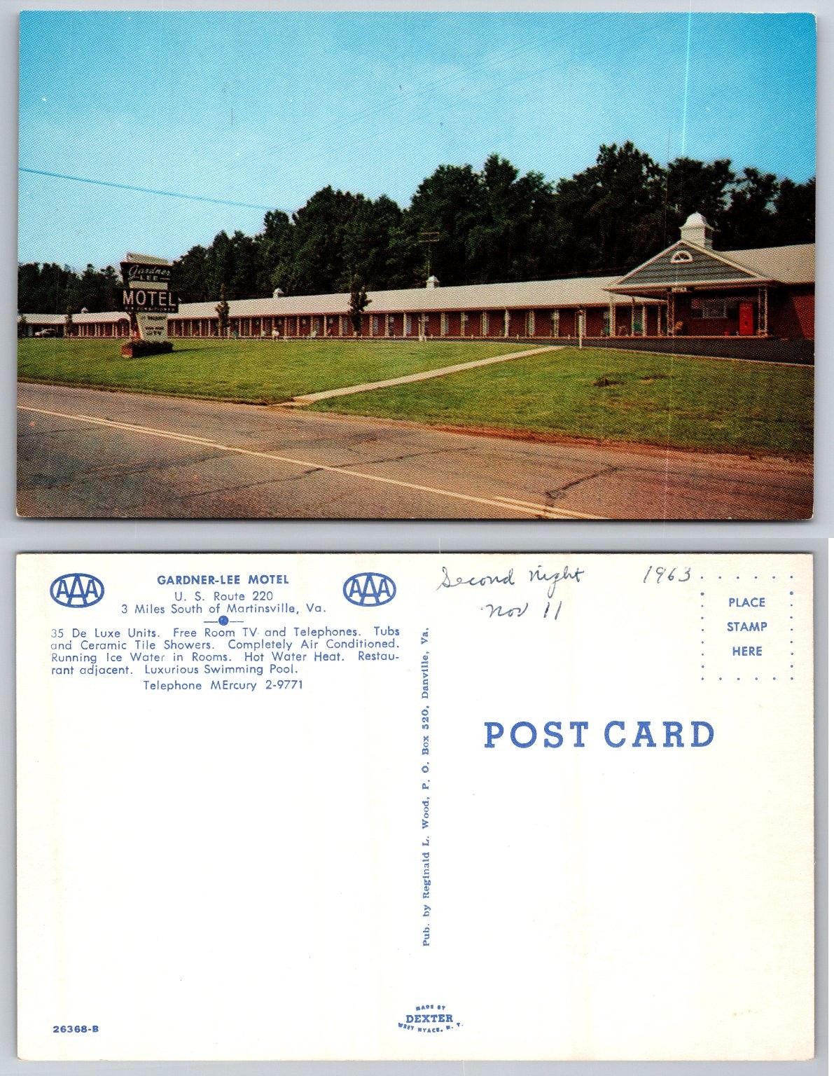 Gardner-Lee Motel Martinsville VA Postcard 1963 US Route 220 Vintage Dexter
