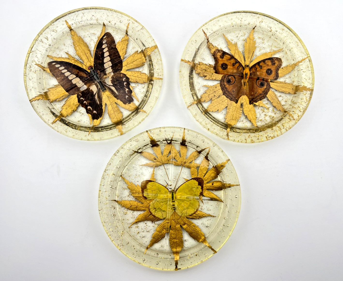 Vintage MCM 3pc Lucite Butterfly Coaster Set Gold Flecks Leaves Resin Acrylic EU