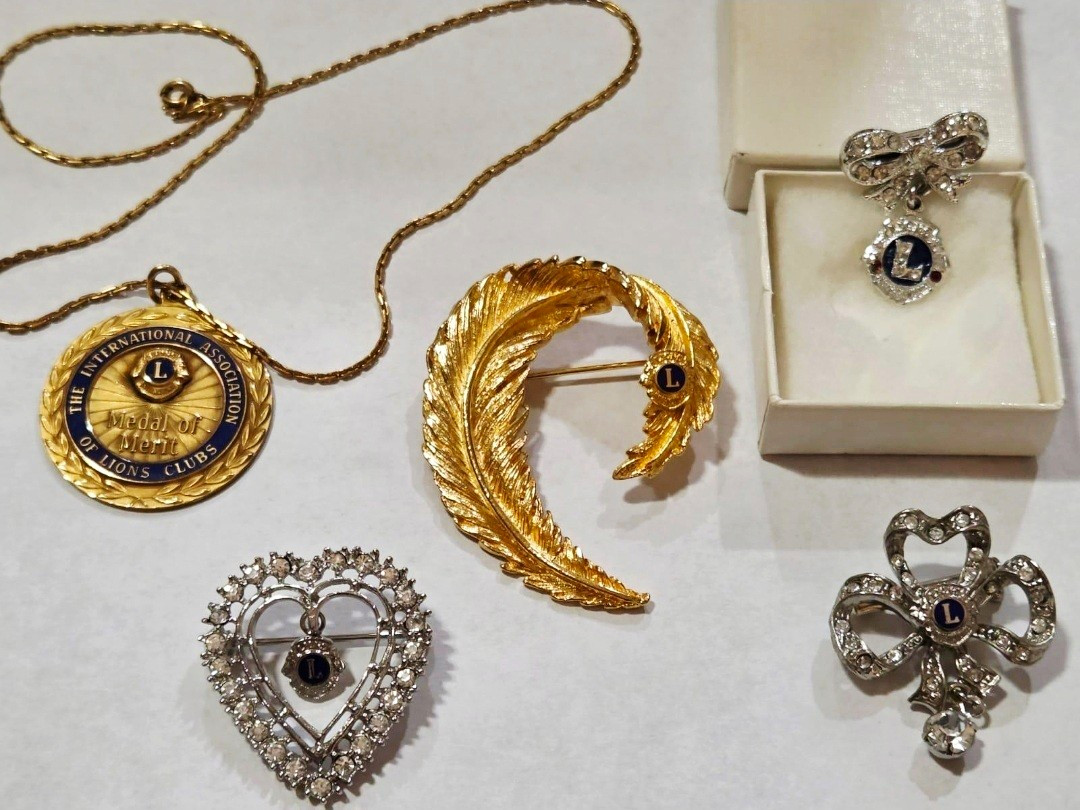 Vintage Lions Club 5pc Lot Medal of Merit Necklace Feather Heart Bow Pin Gold