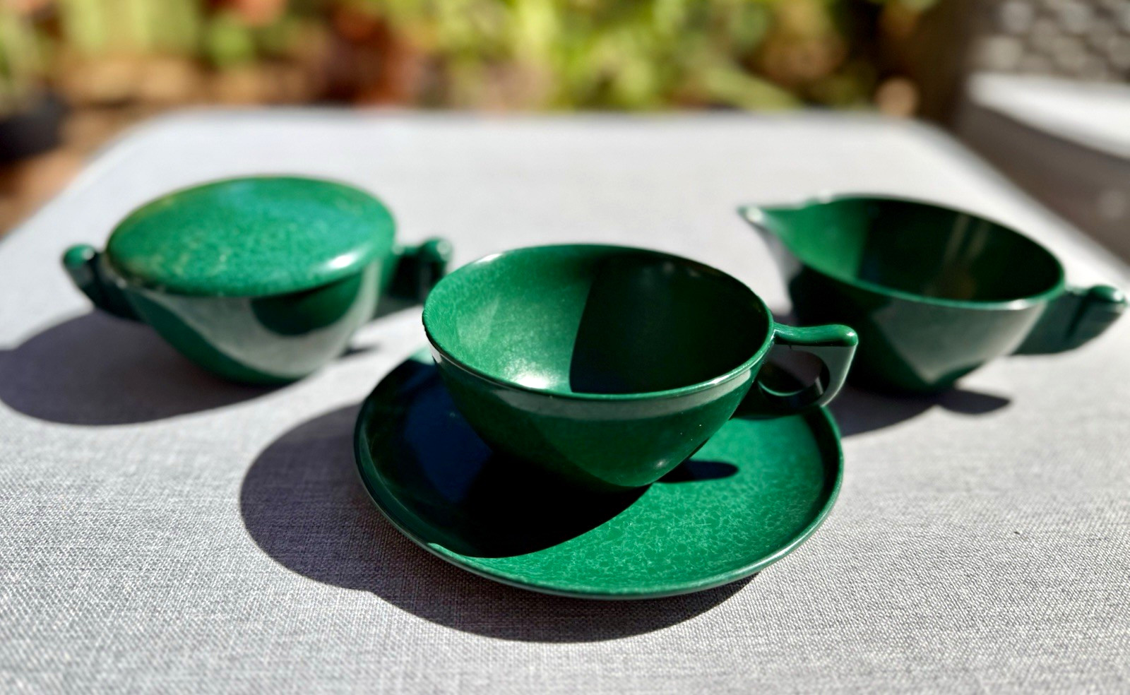 Vtg 1950s Branchell Color Flyte Green Melmac Coffee Tea Cup Saucer Creamer Sugar