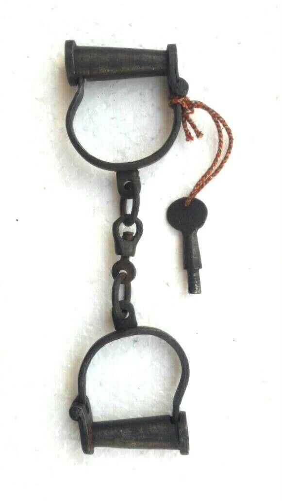 Old Vintage Antique Handcrafted Fine Iron Lock & Key Handcuffs Old Vintage Antique Handcrafted Fine Iron Lock & Key Handcuffs
