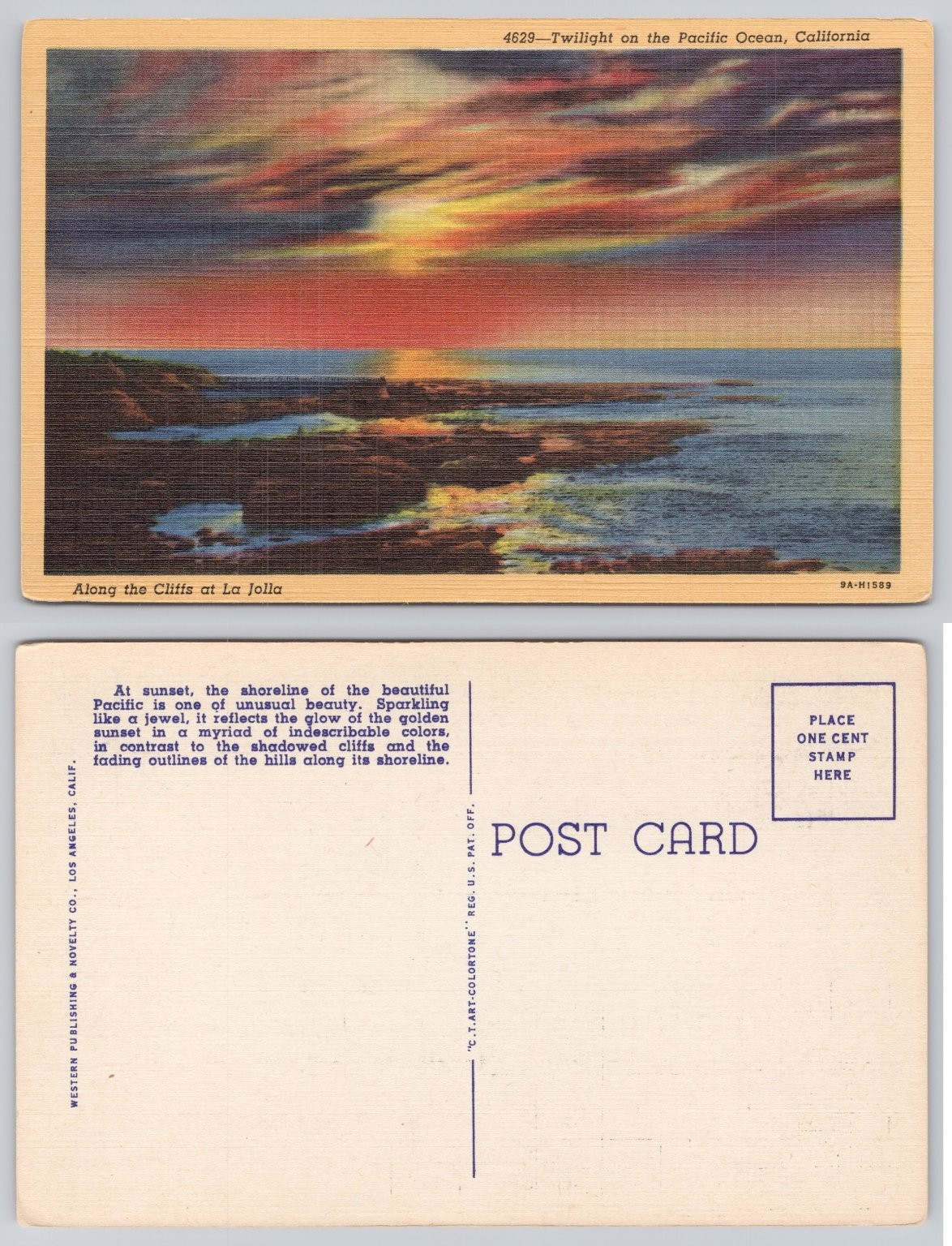 Vintage La Jolla Cliffs Twilight Sunset Linen Postcard Pacific Ocean California