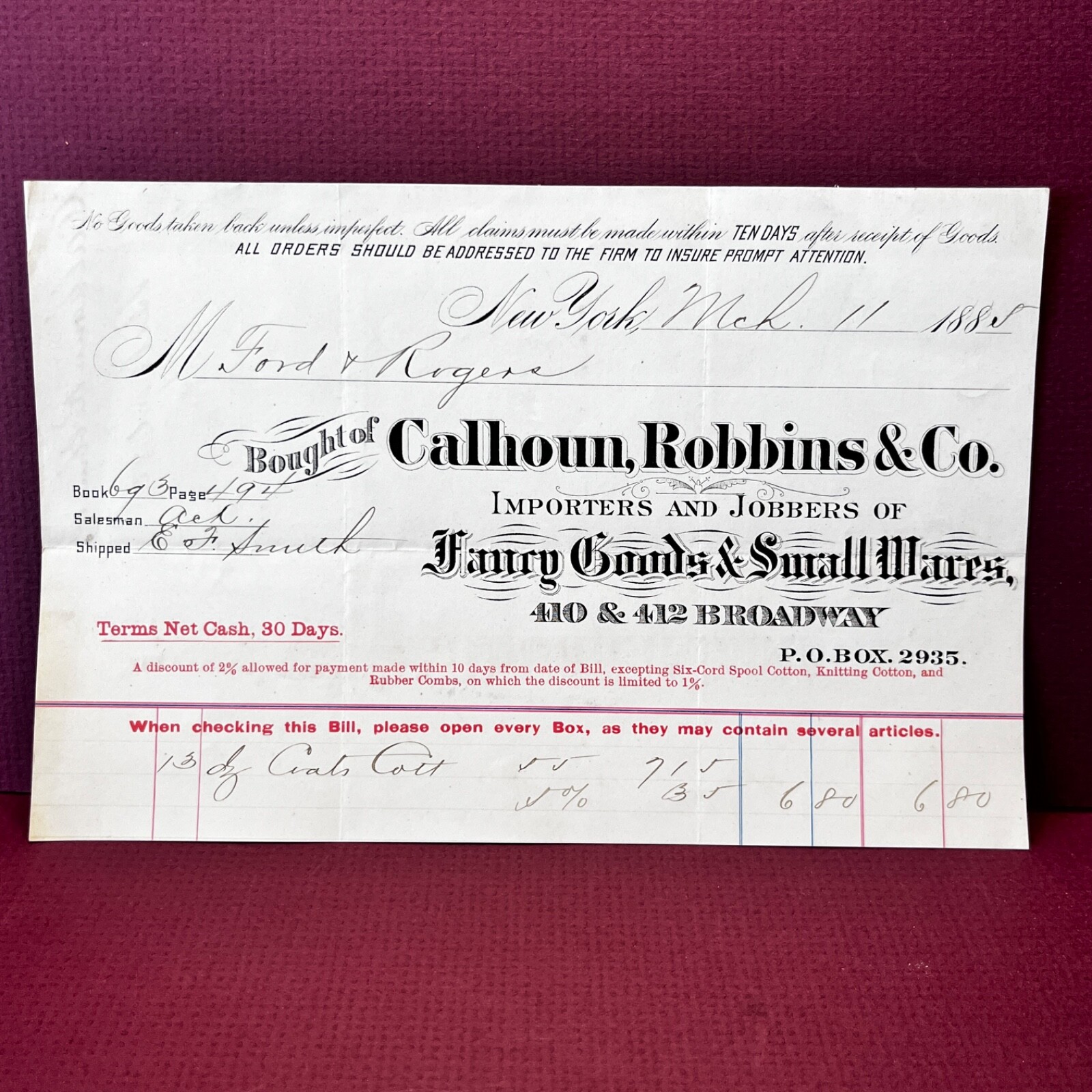 Antique Receipt 11 March 1888 Calhoun Robbins Fancy Goods Broadway NY SL2