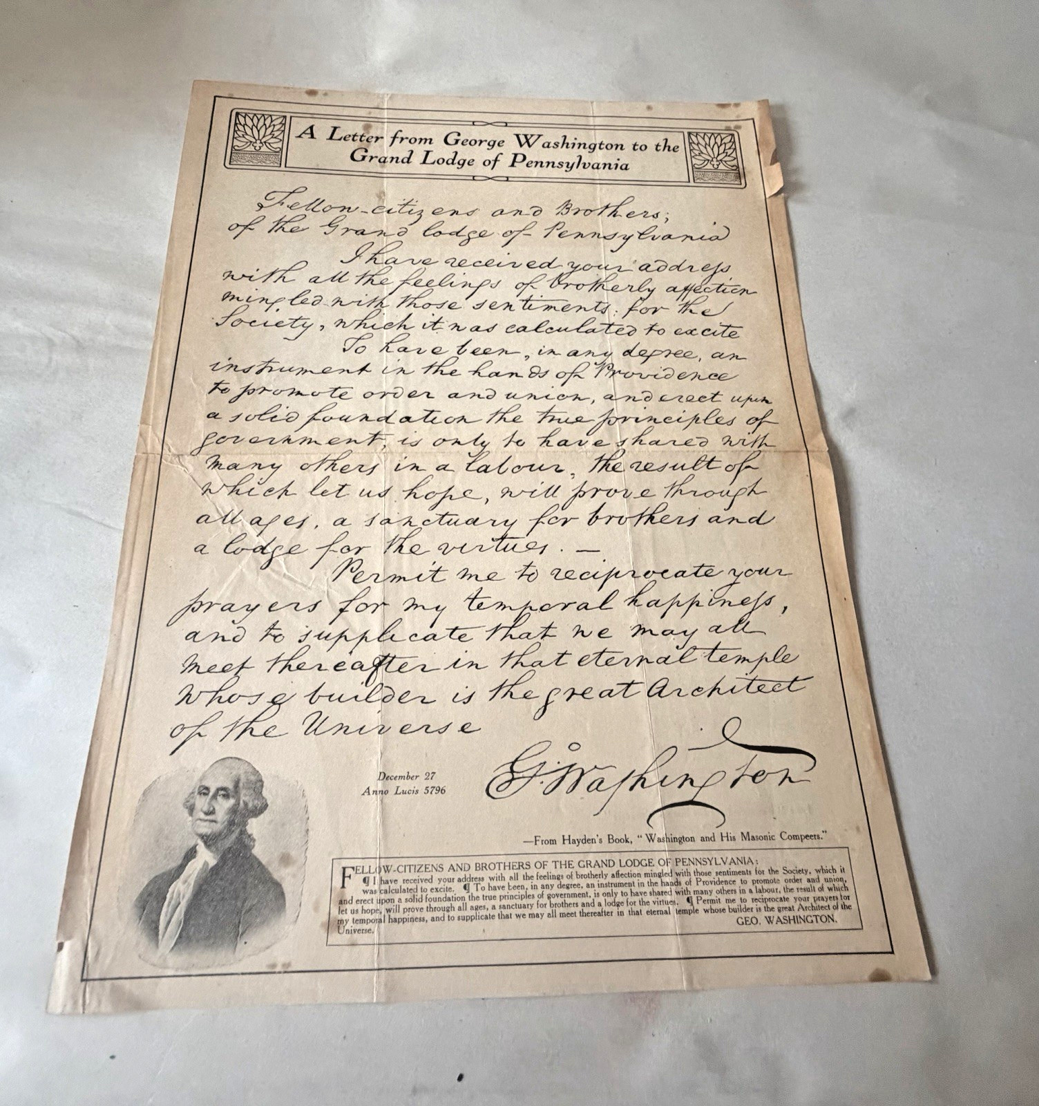 Antique George Washington Masonic Letter Grand Lodge Pennsylvania Macoy Reprint