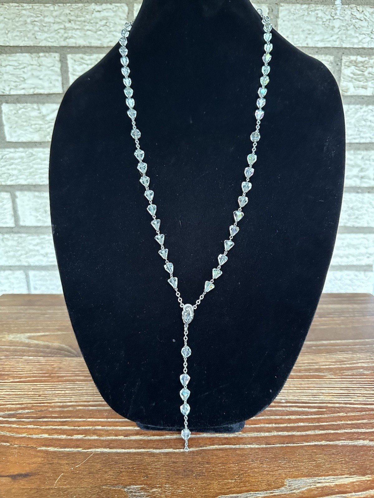 Vintage Sterling Silver AB Crystal Faceted Glass Beads Rosary Necklace Read Desc