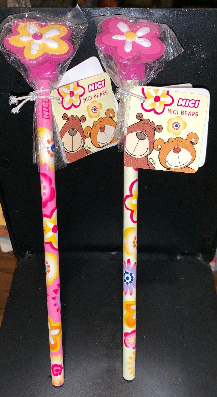 2 Vintage Nici Bears Pencils With Flower Eraser Top Unused