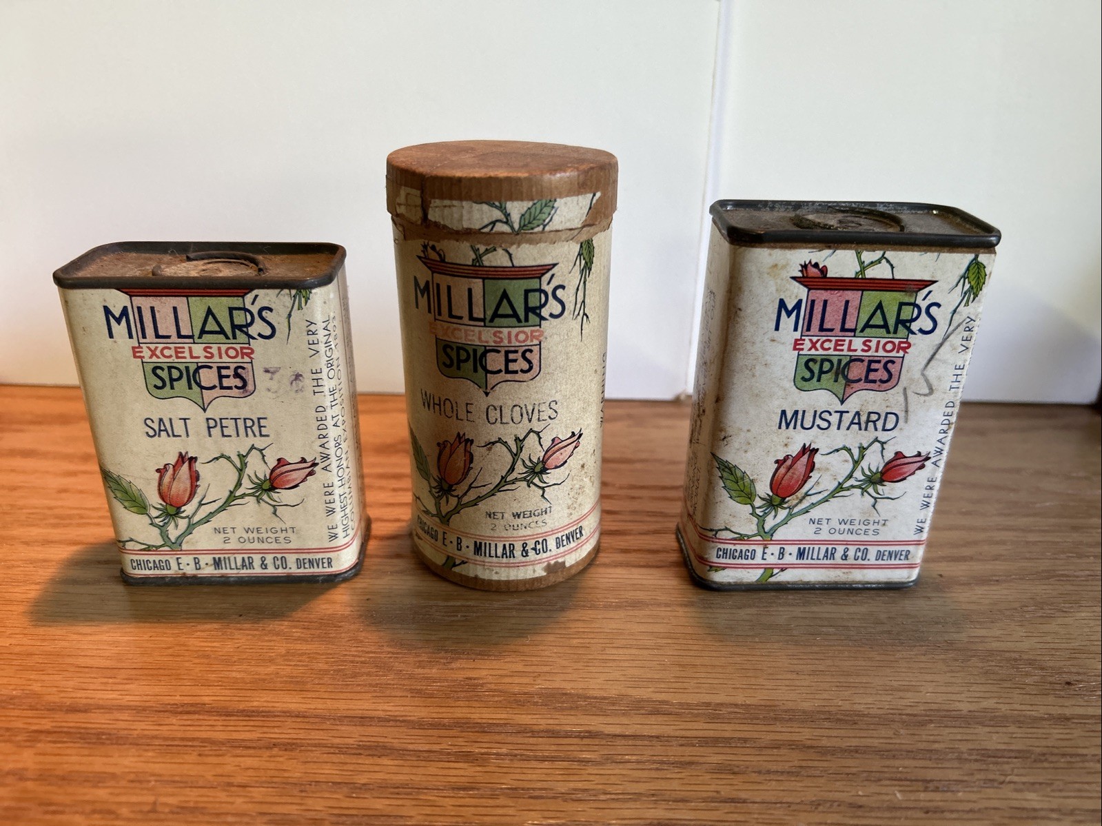 3-Antique E. B. MILLAR EXCELSIOR SPICE CONTAINERS Salt Petre, Mustard, Cloves