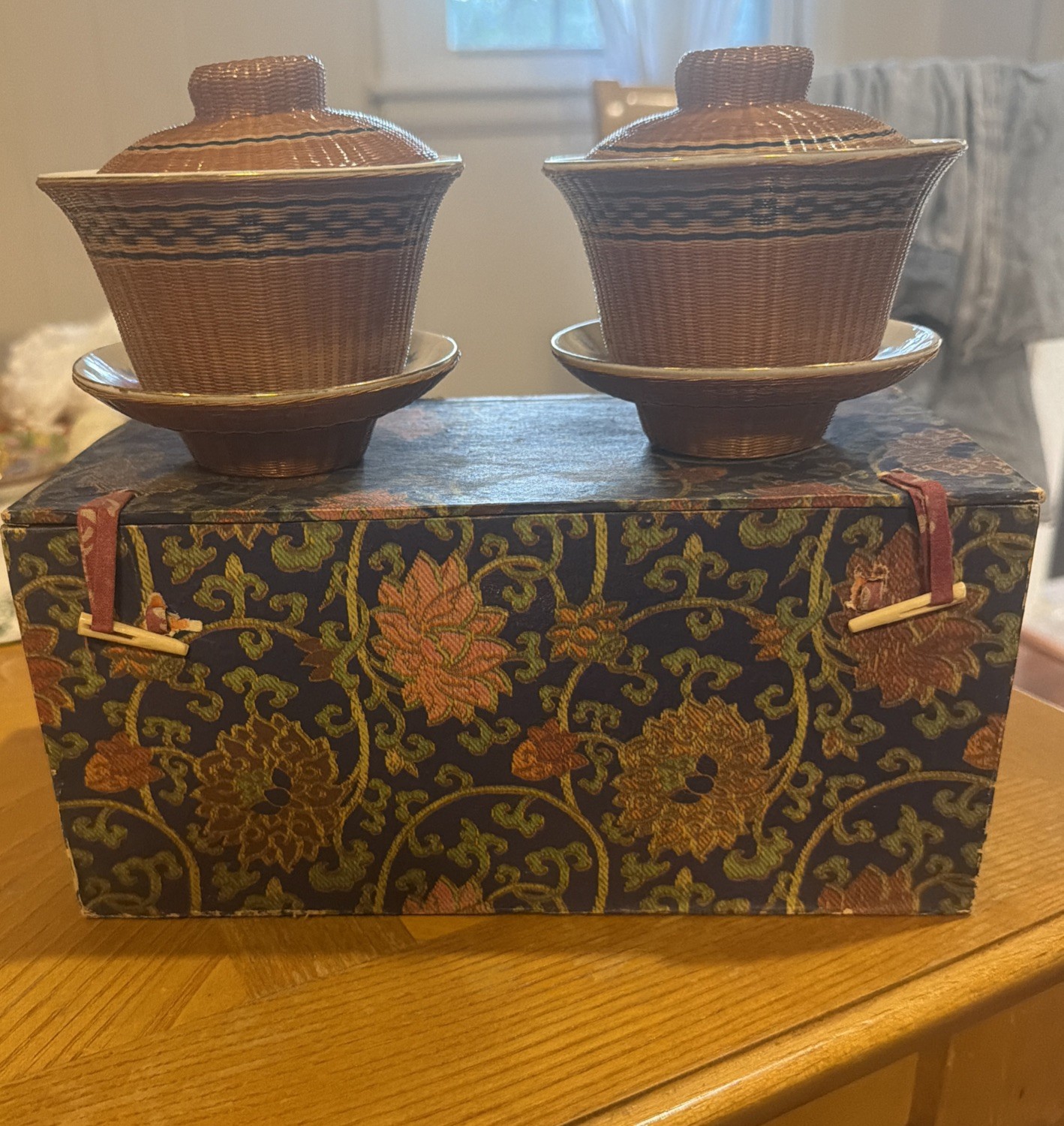 Handmade Porcelain and Bamboo Woven Gaiwan Tea Set In Decorative Box