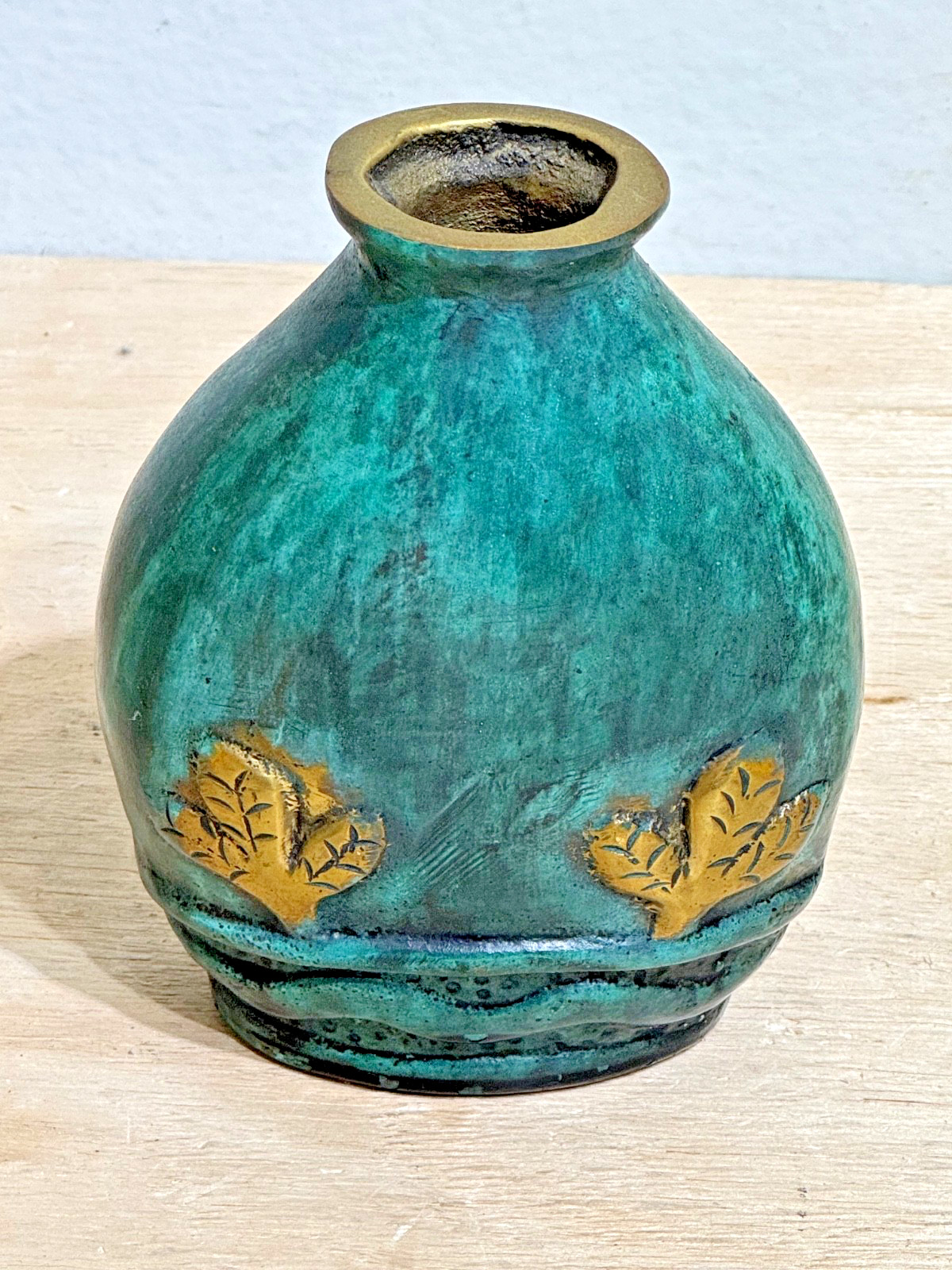 Vintage Solid Cast BRASS Handmade Teal Enamel Cloisonne Vase 5-1/2\