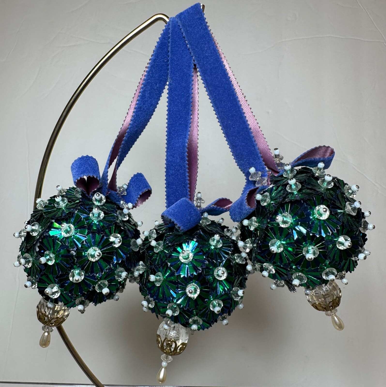 Lot 3 Vtg MCM Sequin Velvet Beaded Push Pin Round Handmade Christmas Ornaments