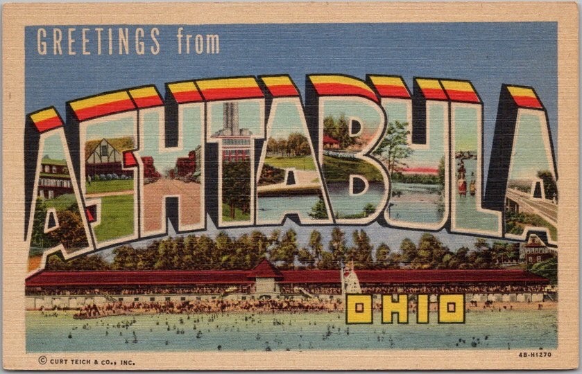 ASHTABULA, Ohio Large Letter Postcard Beach Aerial View - Curteich Linen c1944