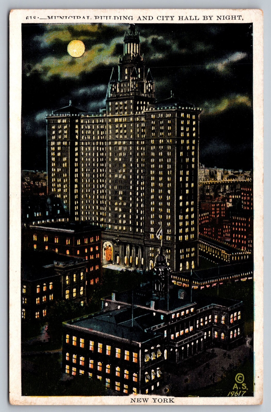 Municipal Building and City Hall By Night New York postcard c. 1915-1930
