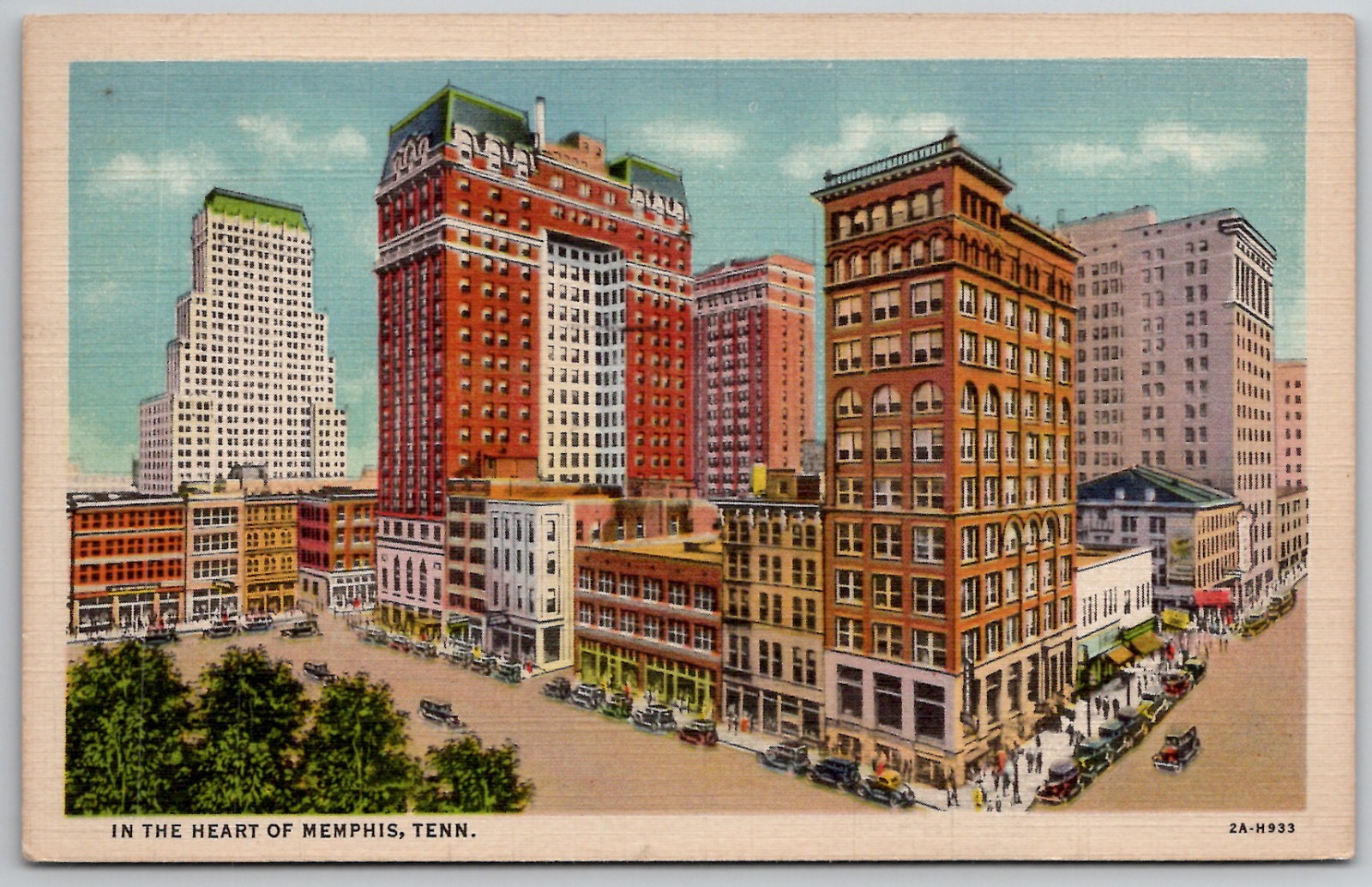 c1935 Downtown Memphis Tennessee TN City View Old Cars Hotels Linen Postcard
