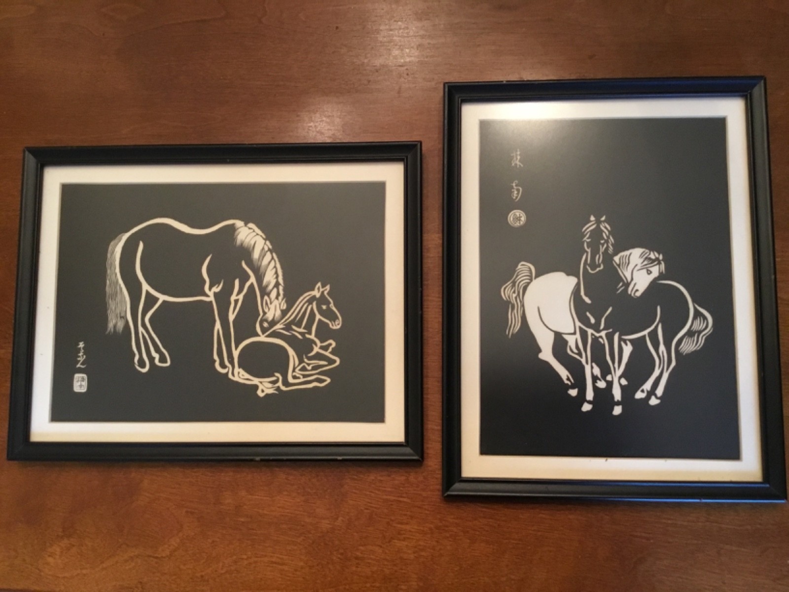 Vintage 2 Horses Sonan Noda Woodblock Prints Black White Horses. Japanese Art