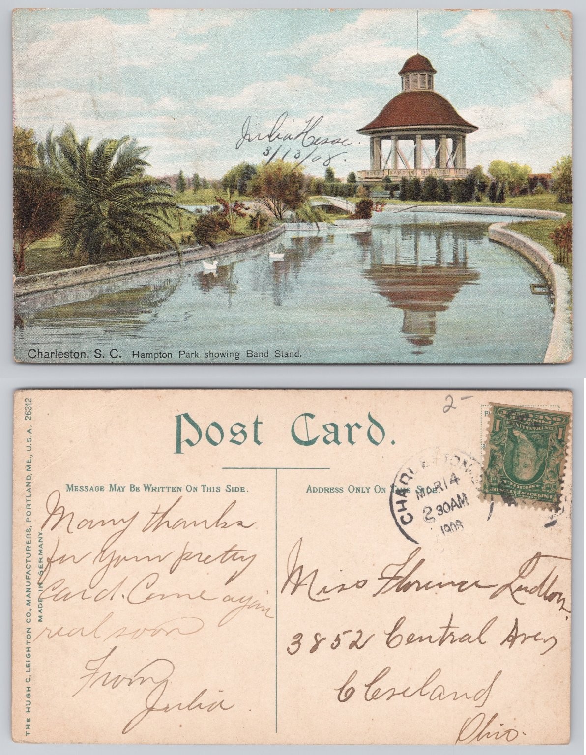 Charleston SC Hampton Park Bandstand 1908 Postcard Hugh Leighton Germany