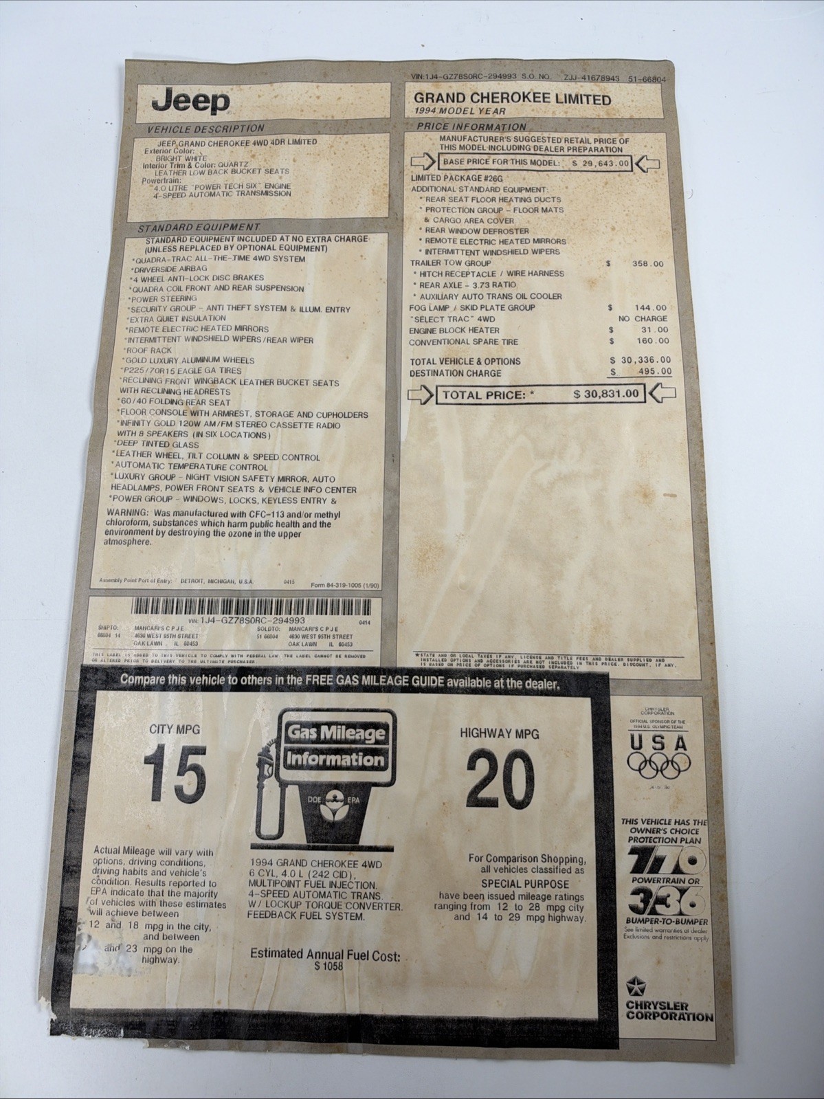 Original 1994 Jeep Grand Cherokee Limited 4WD Dealership Price Window Sticker