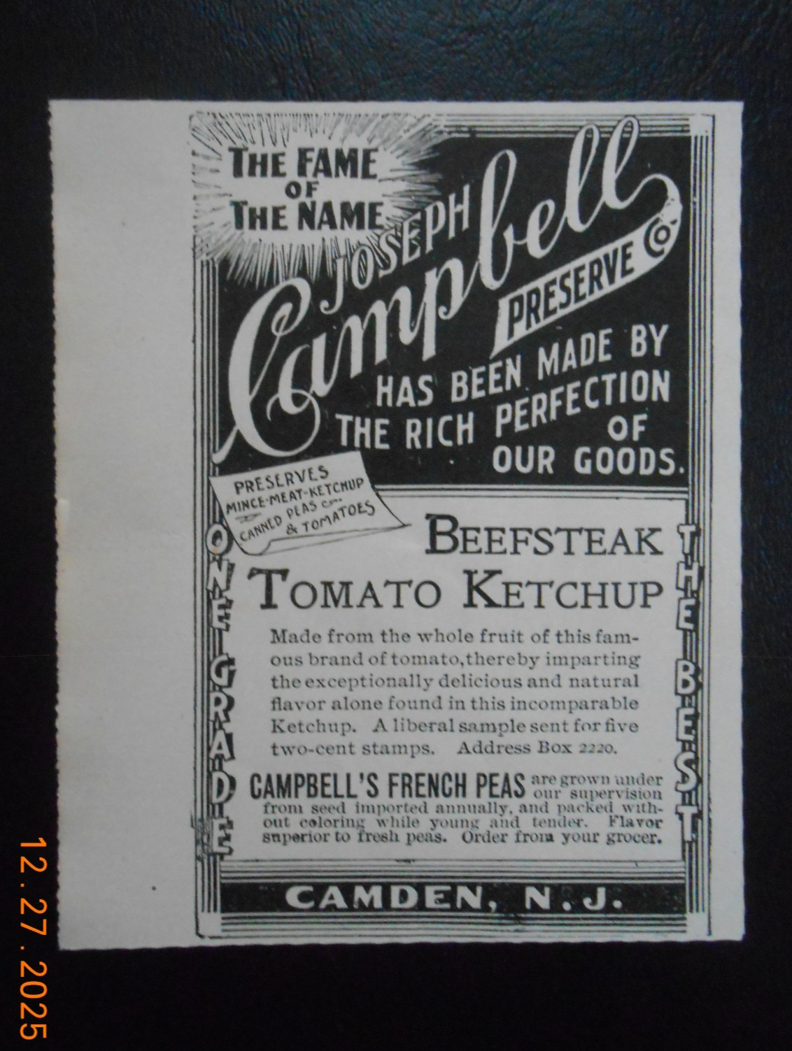 1896 Joseph Campbell\'s soup  Preserve CO Camden NJ AD Beefsteak Tomato Ketchup
