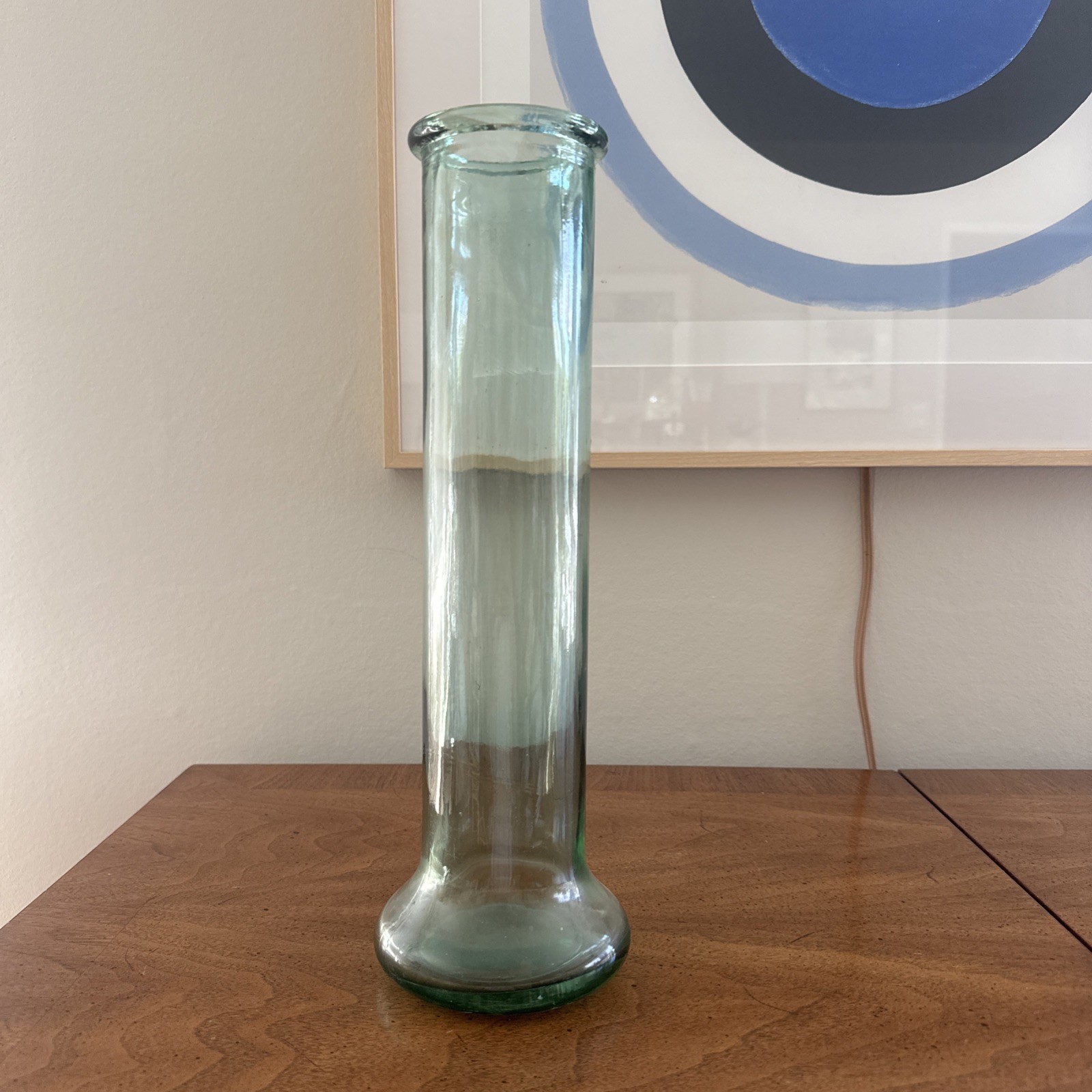 Vintage Heavy Hand Blown 13.75” Green Glass Tall Cylinder Vase, Made in Spain 