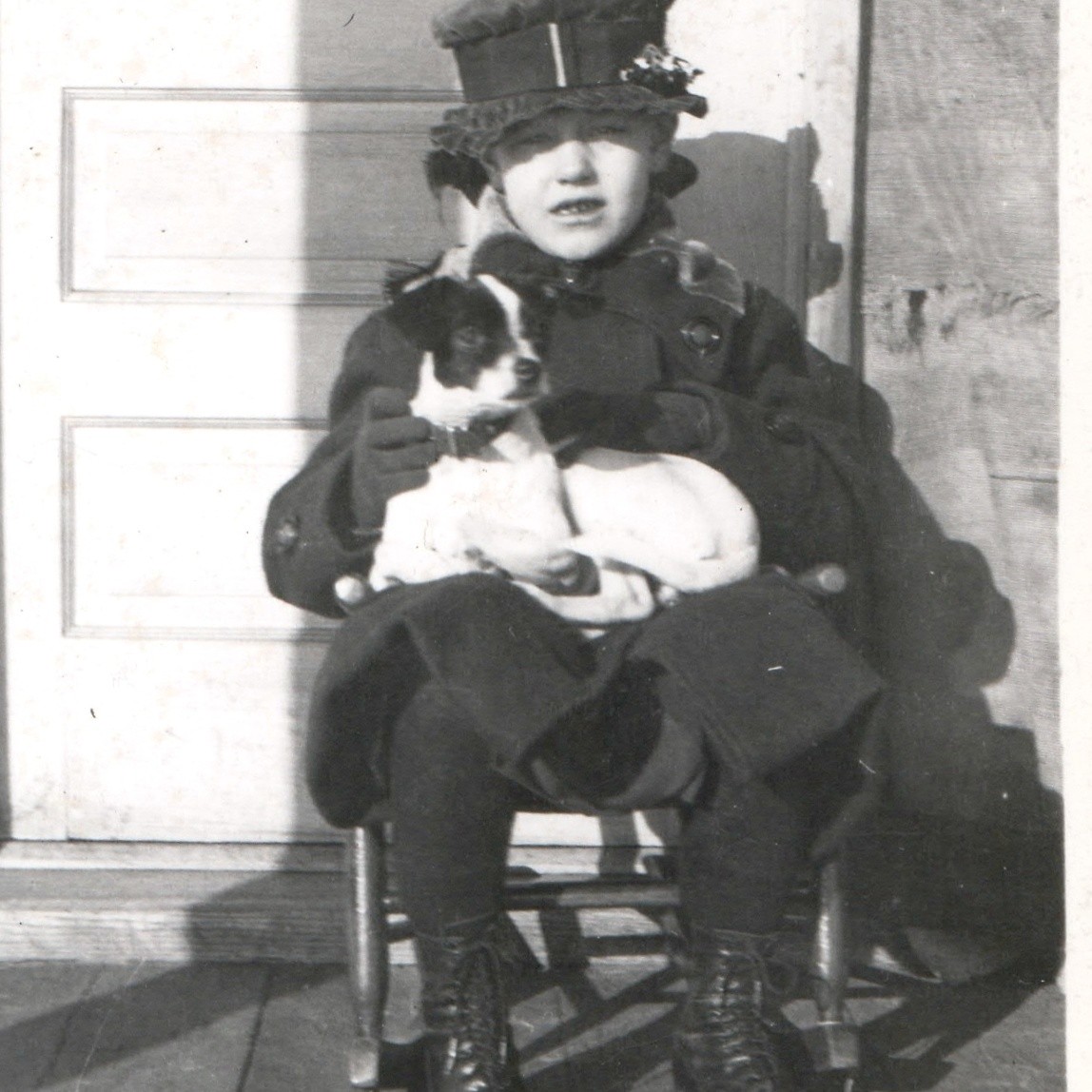 c1920s Girl Dog Porch Rocking Chair Snapshot Photo High Top Lace Boots Hat Vtg
