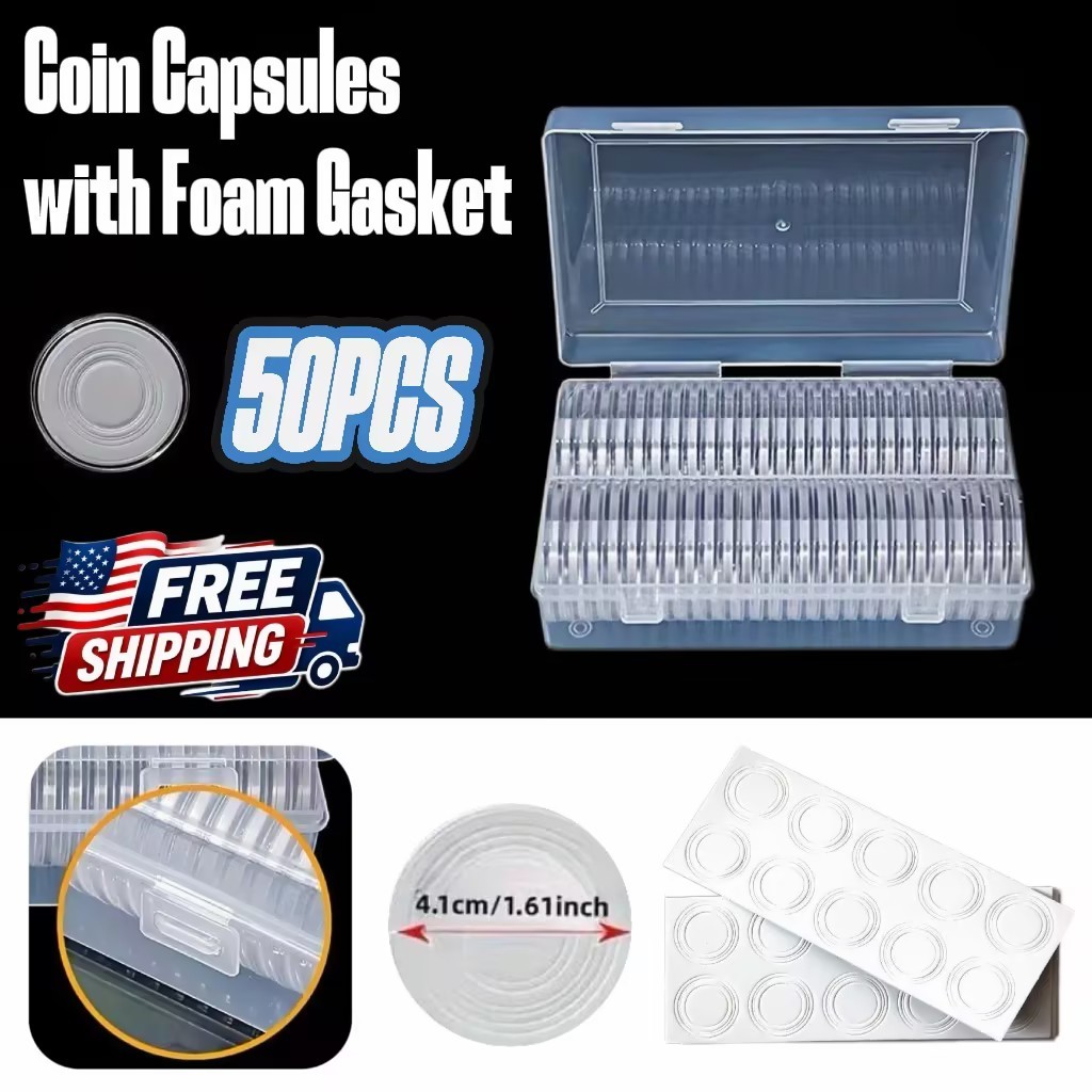 50 PCS 40.6mm Silver Gold Coin Cases Capsules Holder Clear Plastic Round Storage