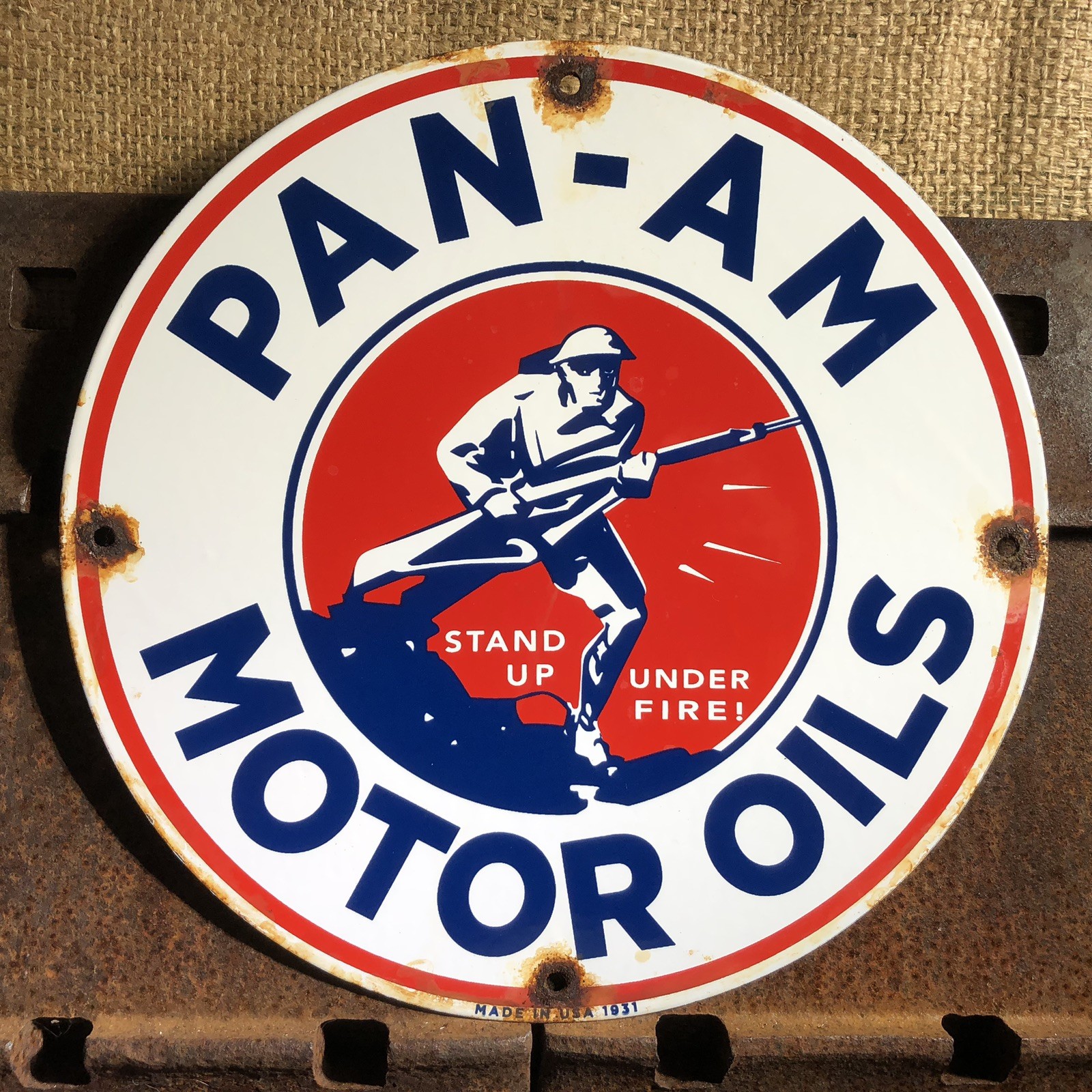 VINTAGE 1931 DATED PAN-AM MOTOR OILS PORCELAIN SIGN MILITARY WAR GAS SERVICE