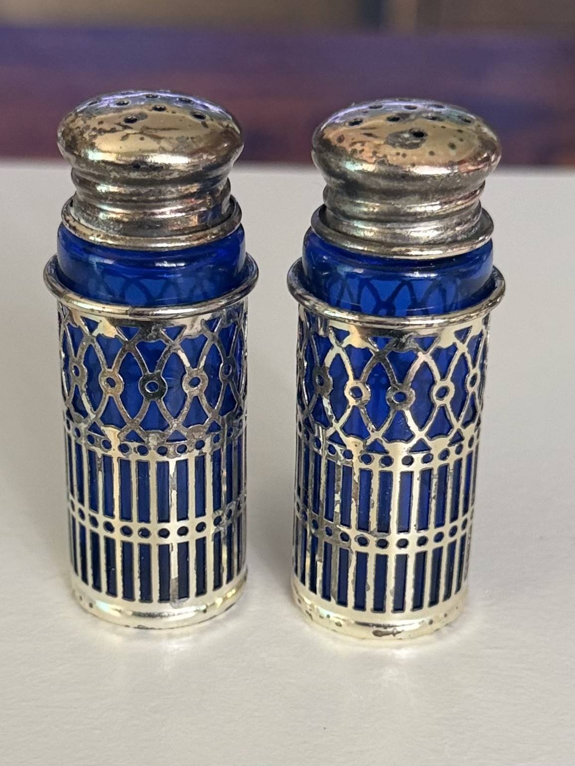 Vintage Cobalt Blue Glass Salt & Pepper Shakers Silver Tone Filigree Japan